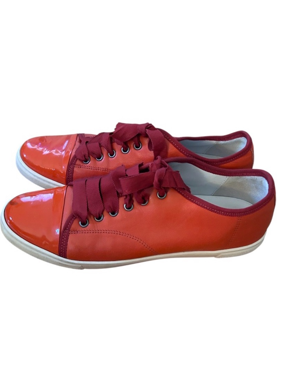 LANVIN Paris Sneakers Size 41 Vintage Orange Patent Cap Toe Ribbon Laces